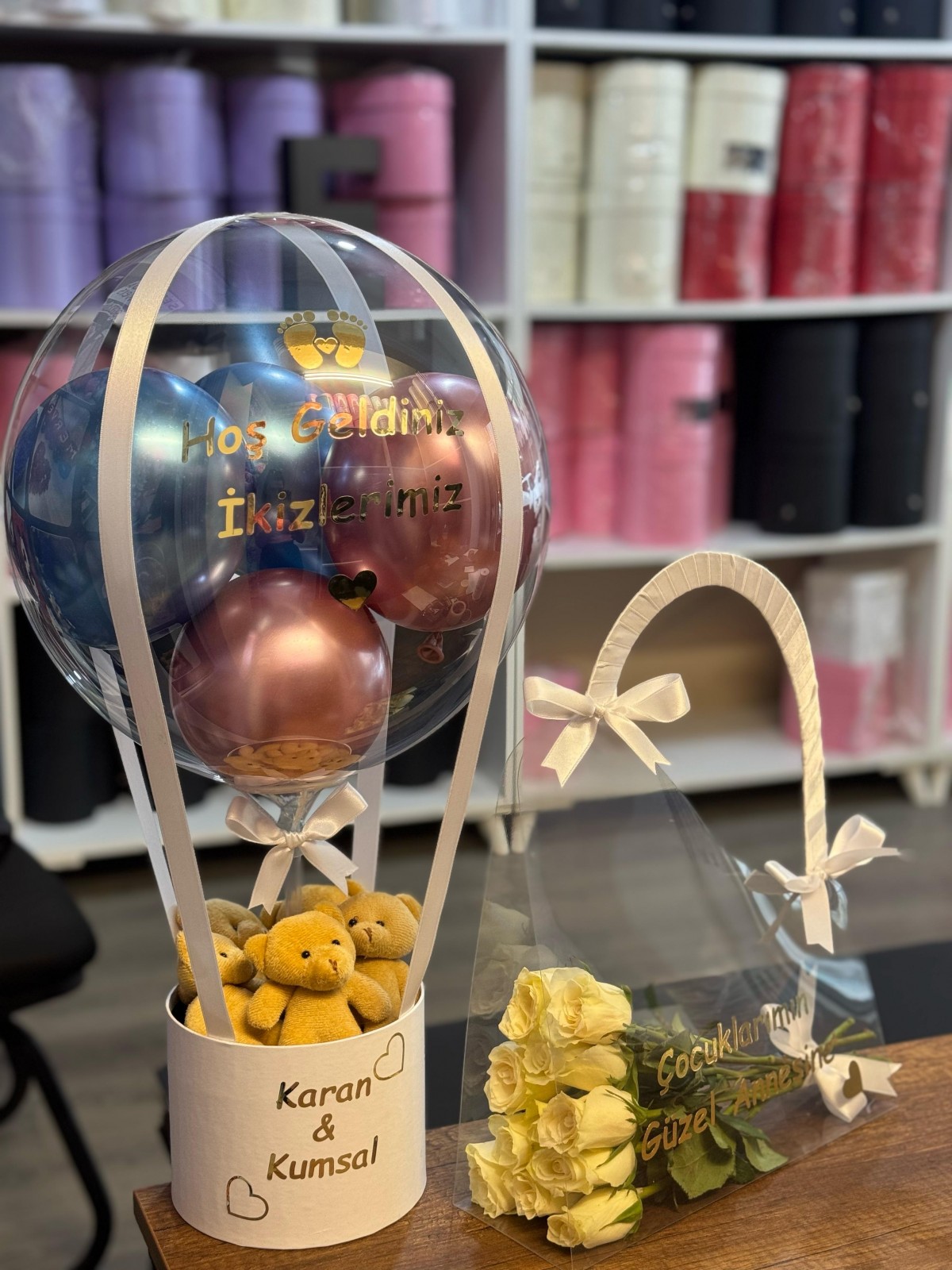 Hoş Geldin İkiz Bebek Balon Kutusu ve Çanta 2'li Set