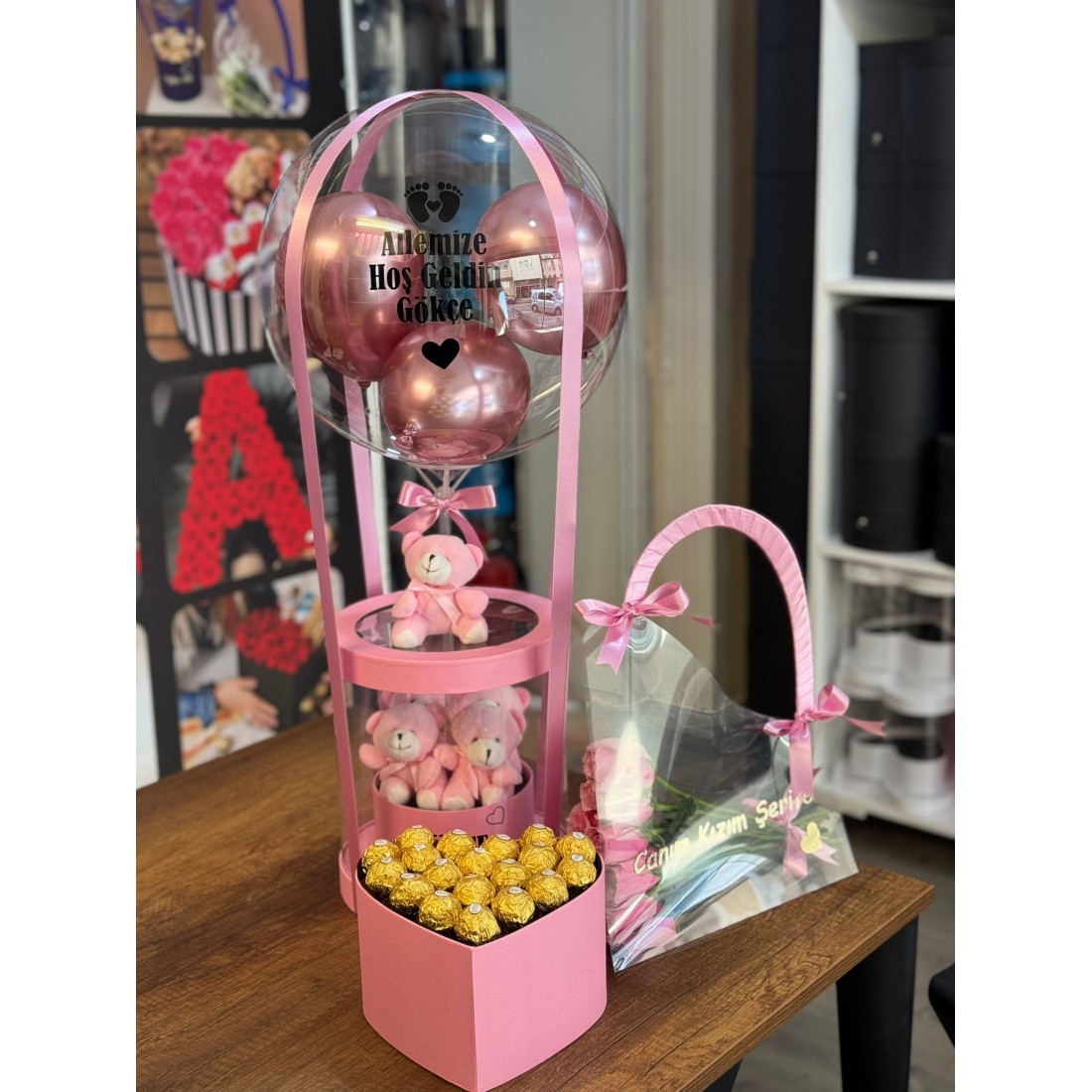 Lüks Asetat Balon Kutusu Anne Çantası ve Çikolata kutusu (3'lü set)