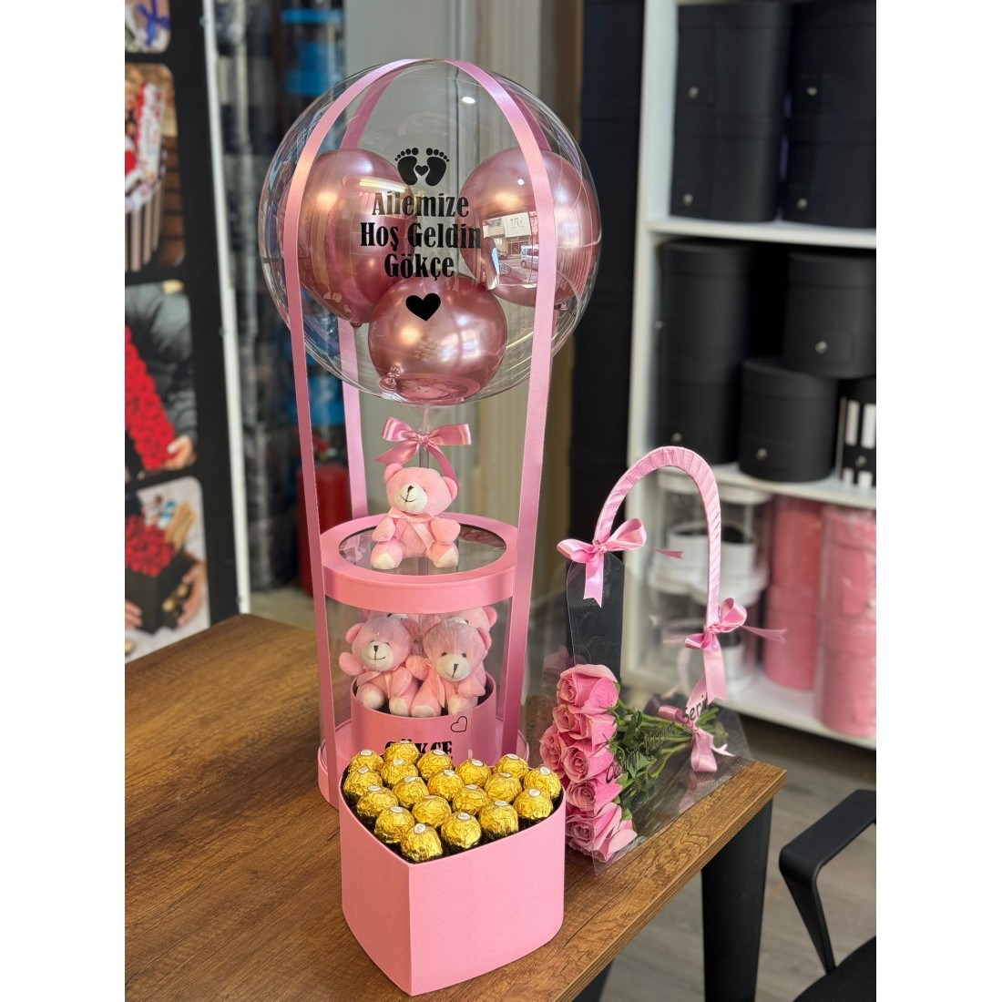 Lüks Asetat Balon Kutusu Anne Çantası ve Çikolata kutusu (3'lü set)