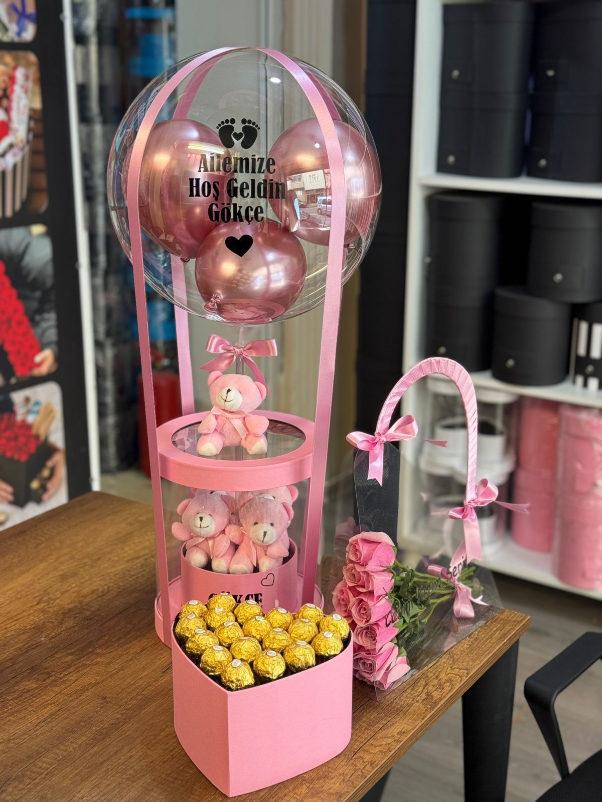 Lüks Asetat Balon Kutusu Anne Çantası ve Çikolata kutusu (3'lü set)