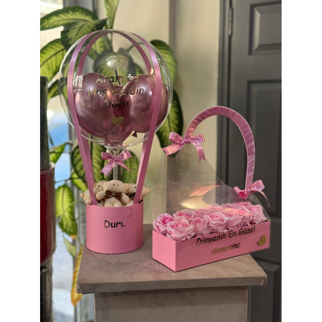 Bebek Balon Kutusu ve Kutulu Çanta Gül (Yapay)