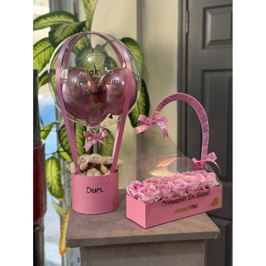 Bebek Balon Kutusu ve Kutulu Çanta Gül (Yapay)