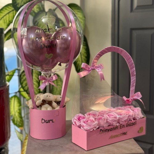 Bebek Balon Kutusu ve Kutulu Çanta Gül (Yapay)