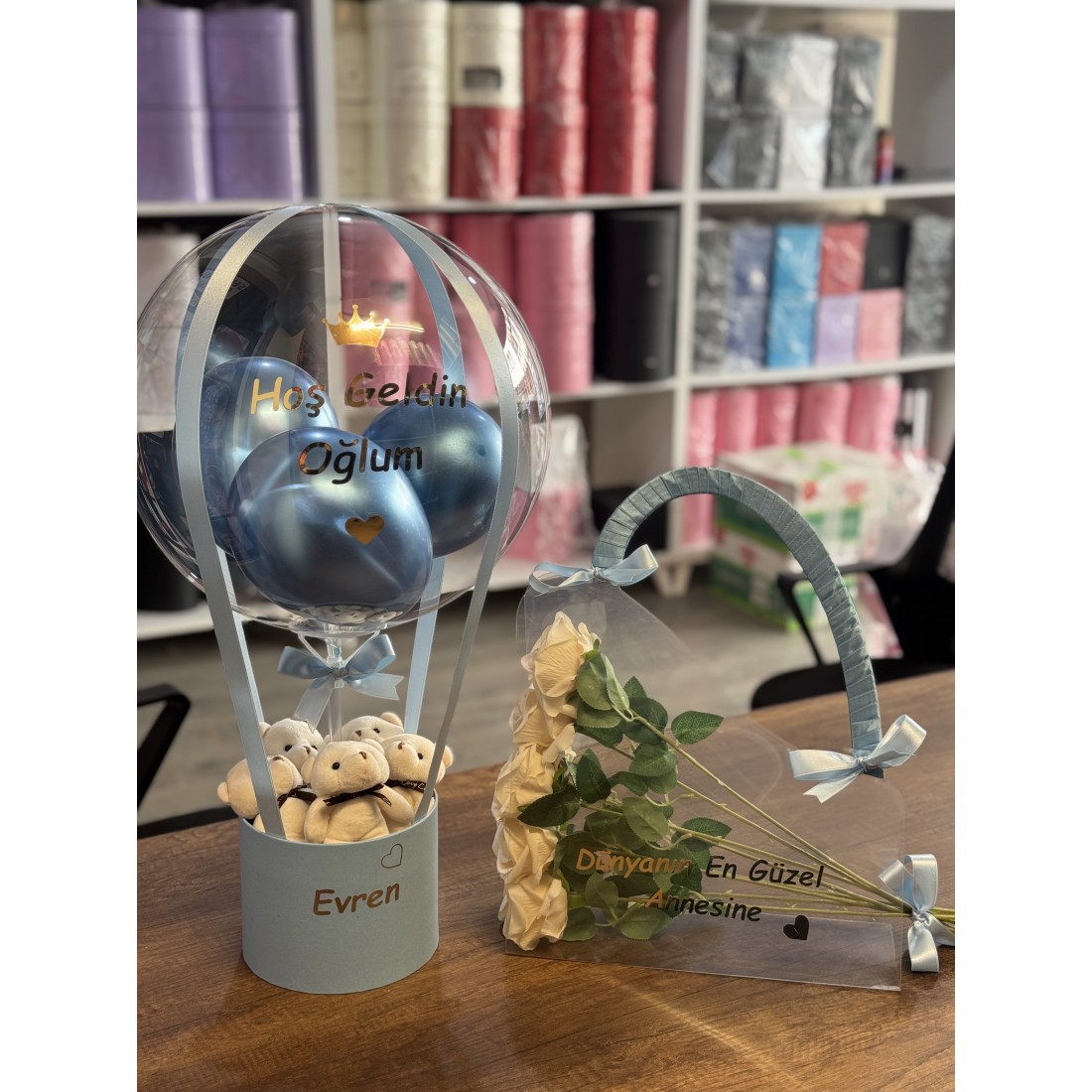 Anne,Bebek 2'li set (Çanta,Balon) Yapay Gül Kalıcı