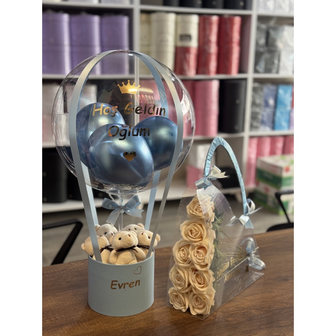 Anne,Bebek 2'li set (Çanta,Balon) Yapay Gül Kalıcı